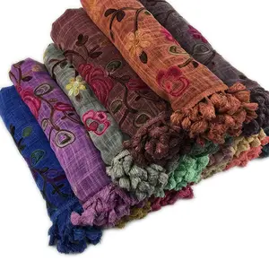 popular cotton hemp tie dye embroidery women scarf with tassel in Winter and Autumn
