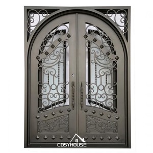 Porte d'entrée en verre en fer forgé de luxe Double portes personnalisées Serrure de sécurité intelligente antivol pour l'extérieur Villa Entrée principale Maison Avant - Product Image 3