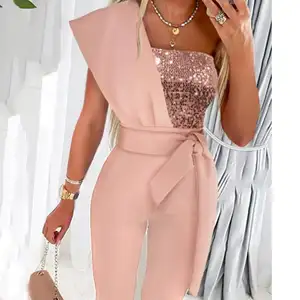 New Design Short Sleeves Patchwork Party Jumpsuit Women's Sexy One Shoulder Casual Skinny Sequin Sparkly Plus Size Romper