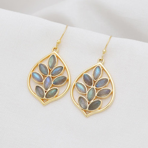 Women's Vintage Gold Plated Brass <b>Blue</b> Labradorite Leaf <b>Earrings</b>, Daily Casual Wear - Product Image 1