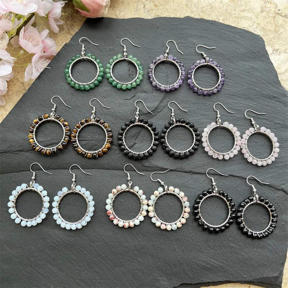 Groothandel Ronde Hoop Hanger Earring Vrouwen Verzilverd Edelsteen Healing Crystal Winding Kralen Oorbellen Voor Meisje Verjaardag Cadeaus