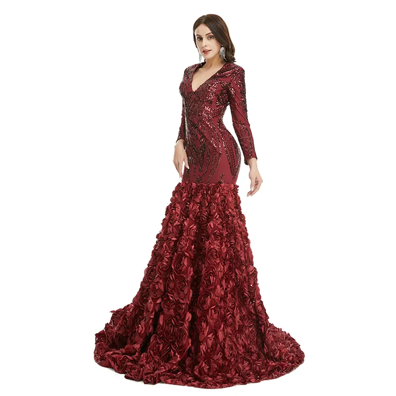 Luxury Fit And Flare Sheath Mermaid Rose Ruffles Sequined Lace Women's Evening Prom Dresses