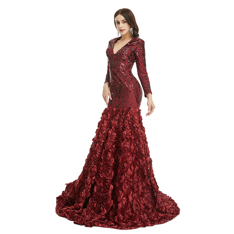 Luxury Fit And Flare Sheath Mermaid Rose Ruffles Sequined Lace Women's Evening Prom Dresses 
