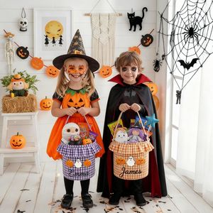 Cestas <span class=keywords><strong>de</strong></span> Halloween Personalizadas con Volantes y Nombre, Bolsas <span class=keywords><strong>de</strong></span> Lona a Cuadros para Dulces, Cestas Bordadas con Diseño <span class=keywords><strong>de</strong></span> <span class=keywords><strong>Calabaza</strong></span> para Niños - Product Image 4
