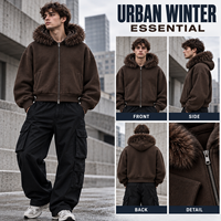 Sweat à capuche zippé personnalisé effet vieilli camouflage Woodland, coupe courte et carrée, épais, avec bordure en fourrure, style streetwear, fournisseur en gros pour marques