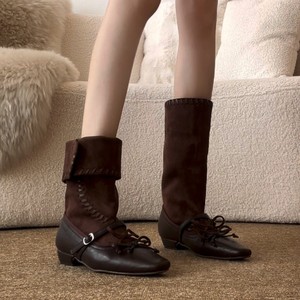 Stivali da <span class=keywords><strong>Cowboy</strong></span> Retrò con Cinturino Intrecciato di Alta Qualità, Nuovi Stivali a Due Pezzi Pieghevoli con Tacco Spesso e Alto per <span class=keywords><strong>Donna</strong></span> - Product Image 3