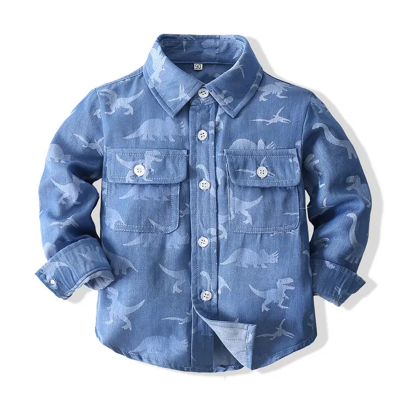 P20822 spring autumn Children boys uniform shirts long sleeves dinosaur printed denim shirt Kids jeans Shirts