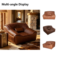 Canapé d'angle vintage en cuir véritable pour salon et appartement, style français, avec cannelures verticales, idéal pour la détente au sol