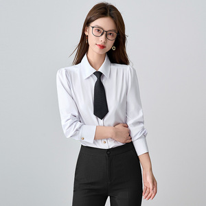 Women's Light Blue Long Sleeve Shirt Solid Color Polyester Poplin Office Wear Formal Blouse - Product Image 2