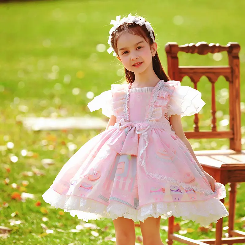 8121 الصيف خمر زهرة ليتل طفل الطفل الملابس ل فساتين بناتي الوردي الجملة الأطفال الإسبانية اللباس