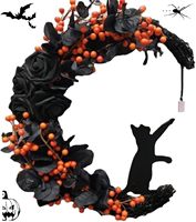 Dekorasi Halloween Karangan Bunga Kucing Bulan dengan Lampu Mawar Hitam untuk Gantungan Pintu Depan Rumah di Halloween