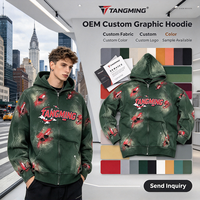 Sweat à capuche zippé personnalisé OEM, délavé à l'acide, épais, avec motif graphique effet peinture pulvérisée, style grunge streetwear