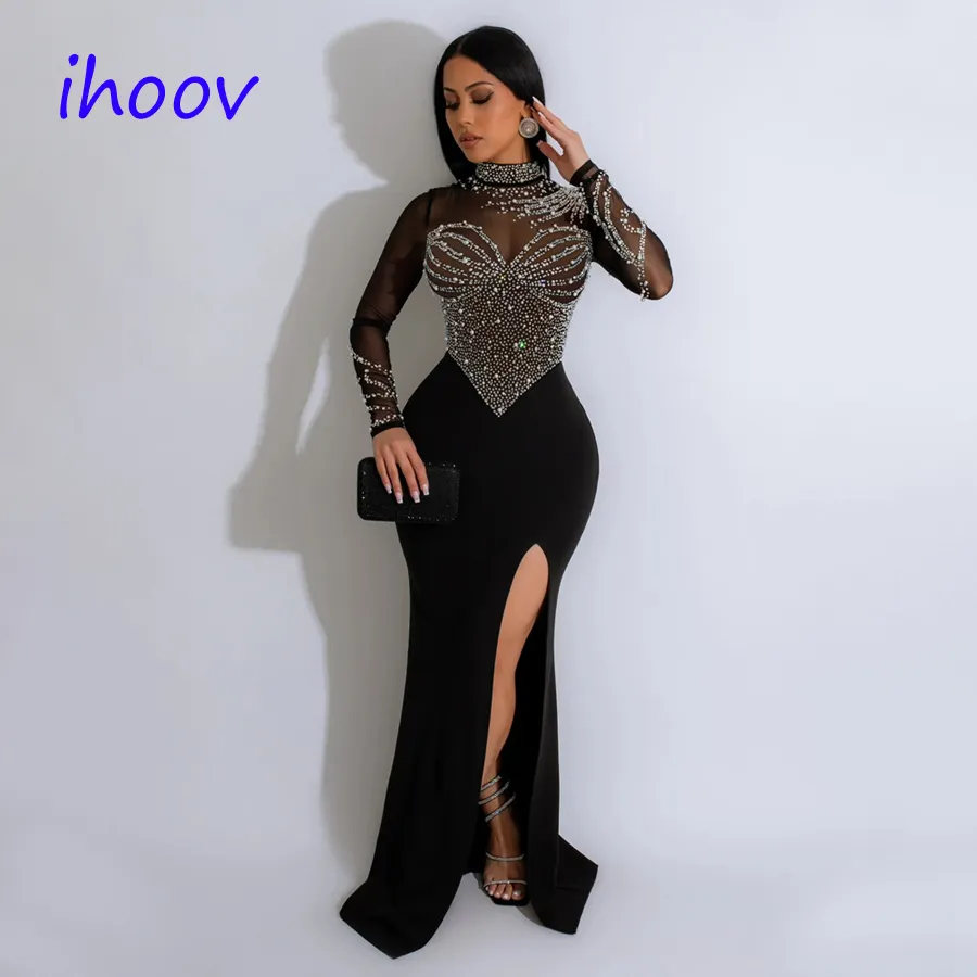 IHOOV Women's long sleeve hot diamond dress solid color party evening dresses