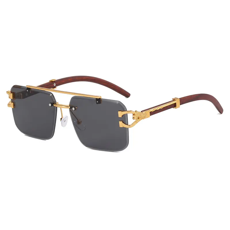 Double Bridge Wooden Grain Sun Glasses Rimless Cut Edge Square Metal Shades Fashion Luxury Leopard Sunglasses for Men