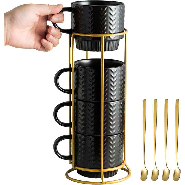 Miamolo 13oz Espresso Cups Set 4 Stackable Ceramic Coffee Mugs 4 Spoons Stand Dishwasher Safe Black for Latte for Housewarming