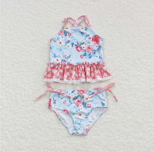 Maillot de bain deux pièces pour filles, style peplum à volants, imprimé floral rose et bleu - Product Image 3