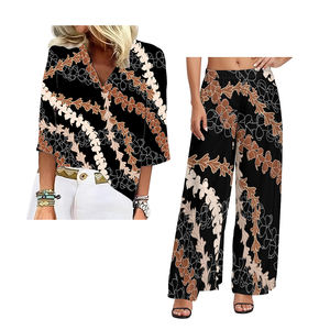Factory <span class=keywords><strong>Outlet</strong></span> Polynesian Samoan Tribal Style Elei Printing Camiseta de manga de 7 puntos con cuello en V para <span class=keywords><strong>mujer</strong></span> y pantalones de pierna ancha de gran tamaño - Product Image 5