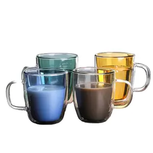 彩色耐热玻璃咖啡杯双壁咖啡高硼硅酸盐茶杯咖啡牛奶啤酒果汁350毫升