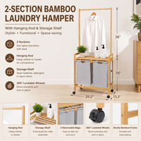 Panier à linge en bambou à 2 sections, chariot de tri des vêtements, panier à roulettes avec barre de suspension pour vêtements et support en bois