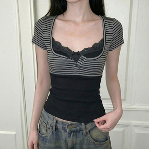 Ensemble deux pièces haut et gilet boutonné à imprimé rayé, avec garniture en dentelle, sans manches, style Y2K, décontracté, rétro, polyvalent, tenue d'été pour femme - Product Image 3