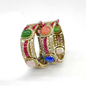 Brazalete Vintage 12407 de Latón Esmaltado con Piedra Ovalada y Doble Piedra, Brazalete Abierto para Mujer, Regalo, Joyería, Boda, Fiesta - Product Image 1