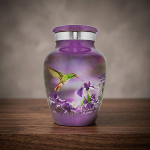 Purple Aluminum Cremation Urn Decorative Cinerary Vase Floral Hummingbird Memorial <b>Keepsake</b> <b>for</b> Human <b>Ashes</b> - Indian Home Crafts - Product Image 1