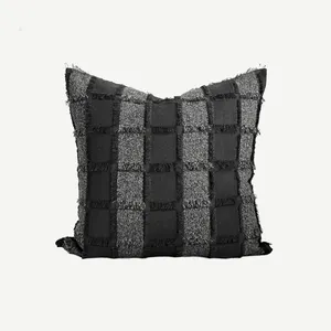 Rayon yarn dyed check luxury throw pillowcase black gray grid cushion cover jacquard pillow cover for living room hotel