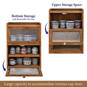 Mueble de Almacenamiento de Madera de 2 Niveles <span class=keywords><strong>para</strong></span> Encimera con Puertas Onduladas, Organizador de Madera con Bandeja de Té Extraíble, Mueble de Bambú - Product Image 4