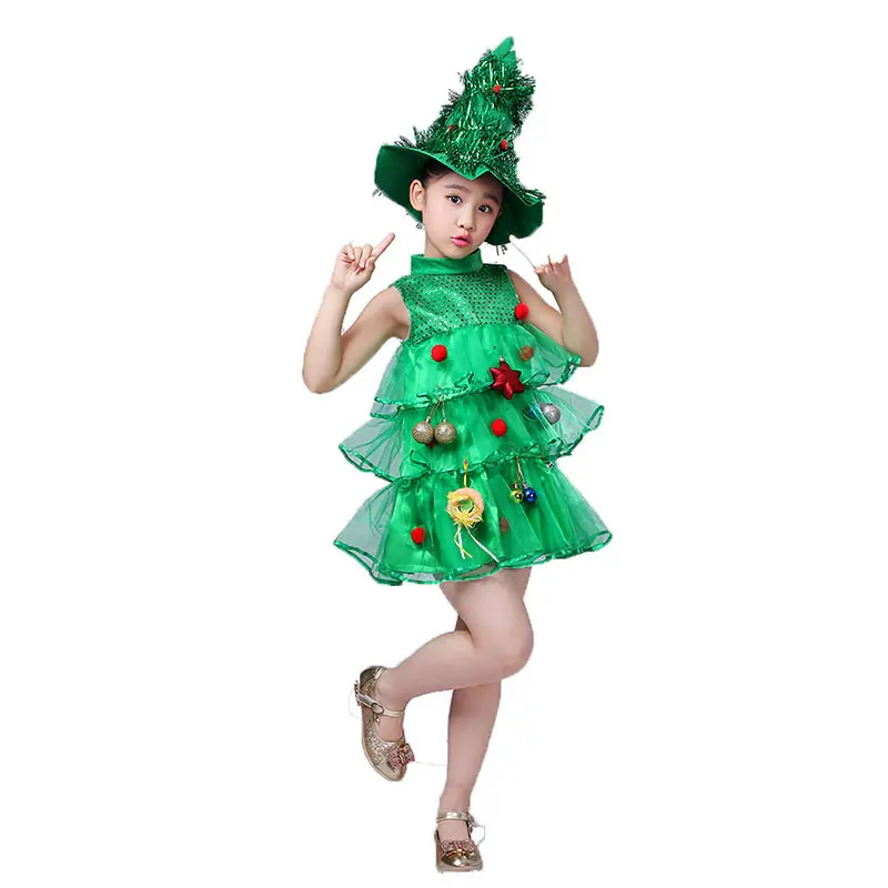 Grosir anak-anak gadis gaun pohon Natal mewah gaun pertunjukan taman kanak-kanak elf hijau kostum Natal