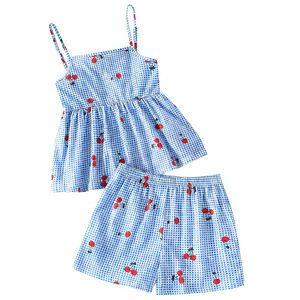 Conjunto <span class=keywords><strong>de</strong></span> 2 piezas <span class=keywords><strong>de</strong></span> verano <span class=keywords><strong>para</strong></span> niñas, lindo traje a cuadros con estampado <span class=keywords><strong>de</strong></span> cerezas, top sin mangas y pantalones cortos, ropa casual. - Product Image 3