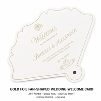 Carte de bienvenue de mariage personnalisée en forme d'éventail avec dorure à chaud, papier absorbant, impression numérique, faible MOQ, carte de bienvenue sur pied