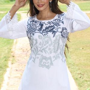 Vestido Midi de Verano Personalizable de Algodón y Lino con Cuello Redondo, Estilo Casual, Línea A, Manga Larga y Bordado para Mujer - Product Image 3