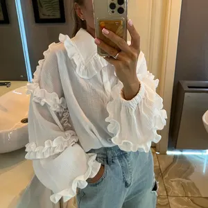 2021 Korean Button Down White Short Puff Sleeve Blouse Summer Women'S Linen Button Up Shirt