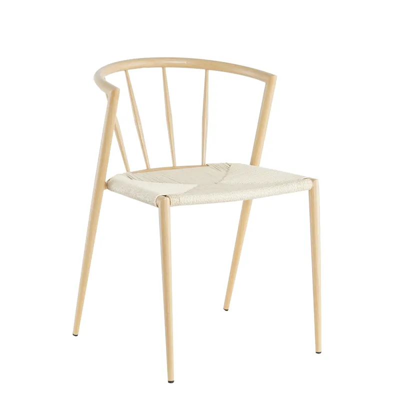 Modern Beige wooden effect Legs paper rattan seat metal tube Dining Chair For Home Kitchen Restaurant Furniture
