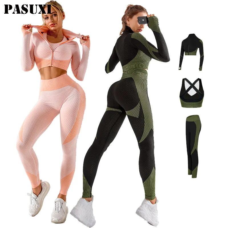 PASUXI Wholesale Women Sports Gym Wear Workout Set Tights Crop Top 2 Pieces Seamless Long Sleeve Fitness Yoga Set
