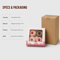 Boîte à donuts 4 pièces, boîtes à cupcakes de Noël avec fenêtre transparente en PET, carton rose, emballage personnalisé pour gâteaux et pâtisseries