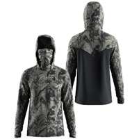 Kaos Berburu Pria dengan Masker dan Tudung, Bernapas Tinggi, Berventilasi, Tahan UV, untuk Kayak, Memancing, Lengan Panjang, Hitam, Motif Kamuflase Hutan