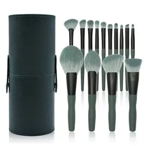 HMU Beauty Green Makeup Brush Kit Hot Sale 14pcs Make Up Brushes Dark Green Color Handles Makeup Brushes Set