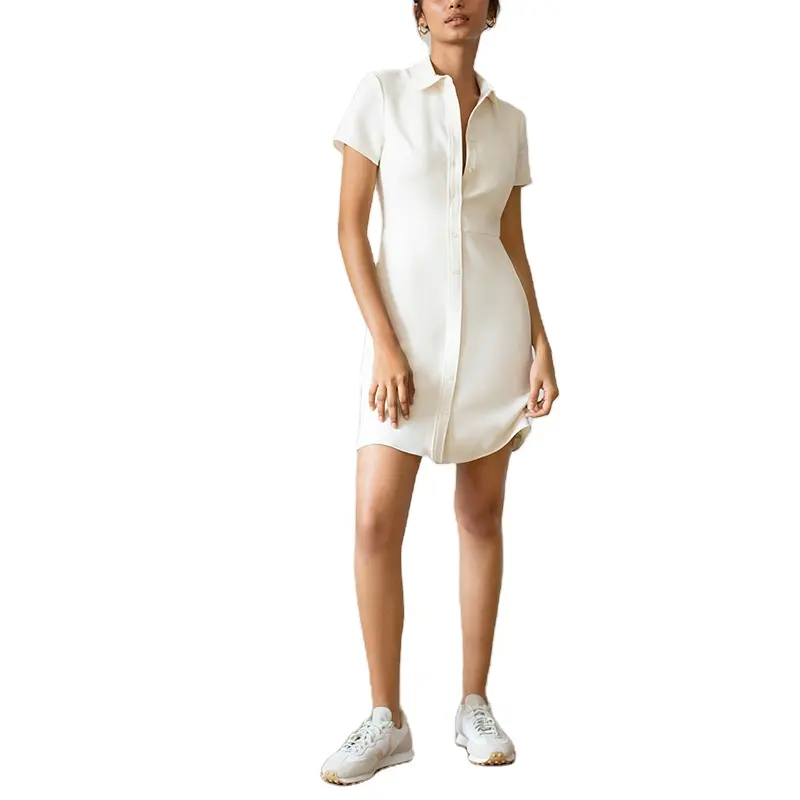fashion Women off- white semi-stretch crepe turn down-collar front button placket closure Short sleeves lined mini casual dress