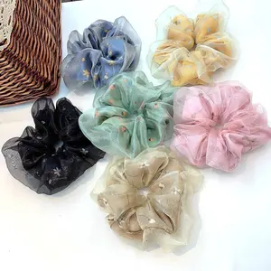 Grosir Lapisan Ganda Hitam Merah Muda Pita Elastis Rambut Bunga Sifon Raksasa Satin Scrunchies