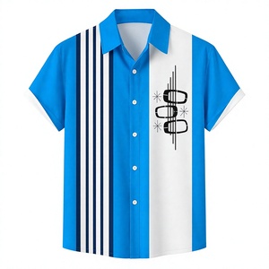 Modern Blue <b>White</b> Panel Pattern <b>Short</b> <b>Sleeve</b> <b>Shirt</b> with Minimal Graphic Detail and Streetwear Fashion Look - Product Image 1