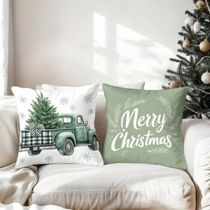 Merry Christmas and Hello Winter themed decorative pillows with vintage truck and snowy trees design - Product Image 3