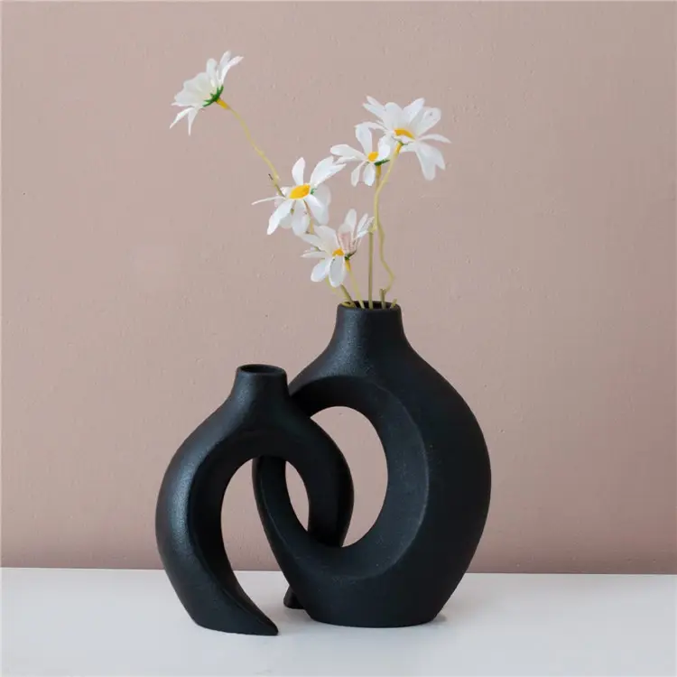 ポリフォームパッキング北欧セラミック装飾品クリエイティブバーニングクラフトホーム水耕ドライフラワー花瓶卸売ブラックセラミック花瓶