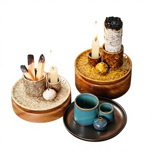 Ensemble de bougeoirs bleus effet four émaillé, style nordique, avec <span class=keywords><strong>palette</strong></span> en <span class=keywords><strong>bois</strong></span> sacré de sauge, décoration d'ambiance pour la maison, semi-artisanal - Product Image 1