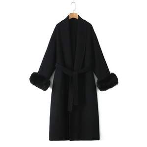 เสื้อโค้ทขนสัตว์เทียมสองด้าน Runqi Long สีดำล้วน แต่งขอบขนฟ็อกซ์ พร้อมเข็มขัด ให้ความอบอุ่น หรูหรา สำหรับผู้หญิง - Product Image 1