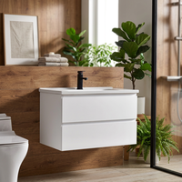 Meuble de salle de bain moderne en bois massif, imperméable, avec lavabo en céramique, drain en acier inoxydable, armoire de salle de bain minimaliste pour usage hôtelier