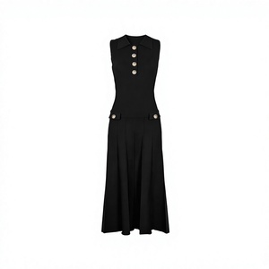 <b>Black</b> Sleeveless Polo Neck Maxi Sweater <b>Dress</b> with <b>Button</b> Detail A-Line Silhouette Minimalist Style Summer Viscose Breathable - Product Image 2