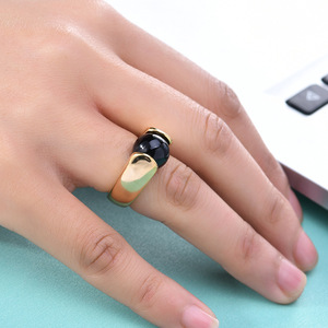 Anillo de Acero Inoxidable con Baño de Oro 18K Estilo Europeo Americano, 10MM, Piedra Ojo de Gato Negra y Blanca, Engaste a Presión, Joyería de Moda Unisex - Product Image 2