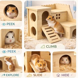 Hamster House Wooden Pet Hideout With <b>Slide</b> And Climbing Features For <b>Small</b> Pets - Product Image 1