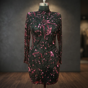 Vestido de Fiesta con Cuentas para Mujer, Corte en A, Cuello Redondo, Manga Larga, Largo hasta la Rodilla, con Detalles de Cuentas - Product Image 2